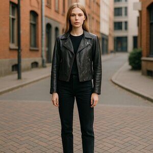 Q40 Anthropologie Moto Jacket Women's Small‎ Black 100% Leather Jacket Sleek Fit